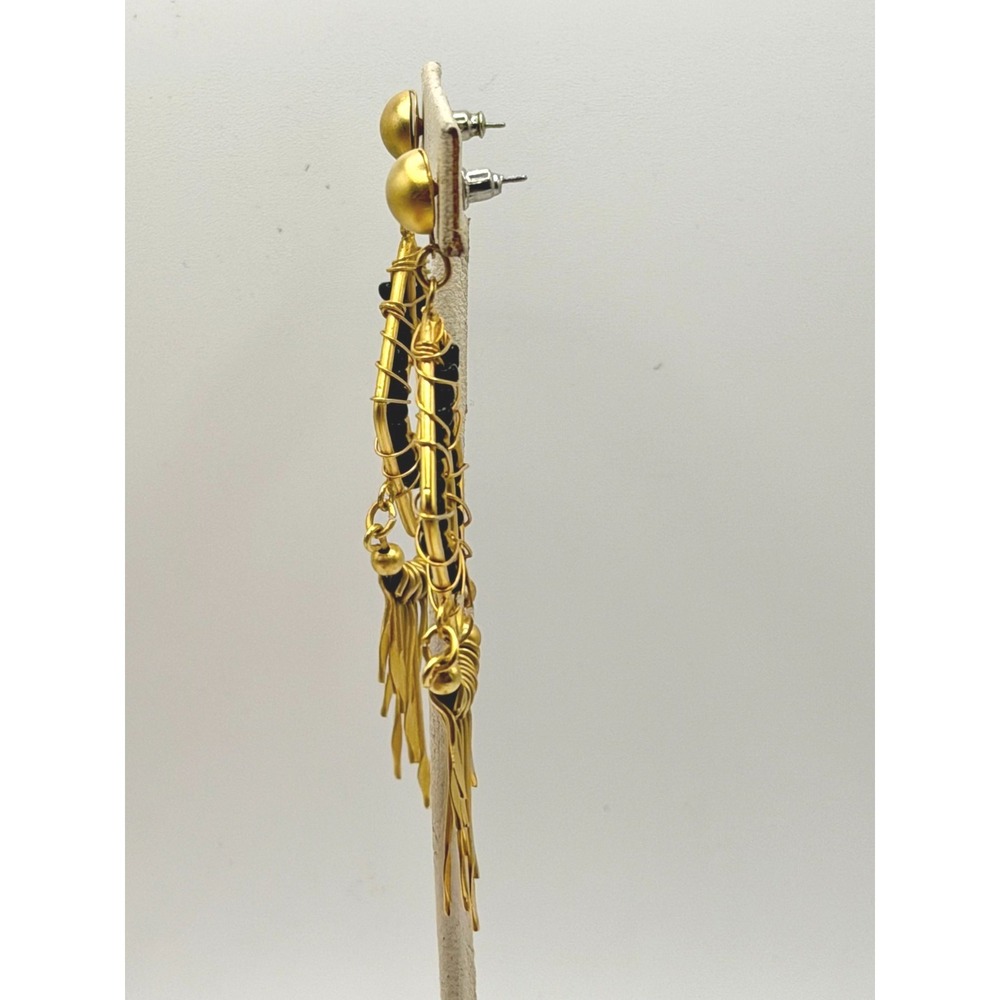 Art Deco / Dreamcatcher Design Drop Wire Sculpture Earrings‎ Gold and Black - Picture 3 of 5
